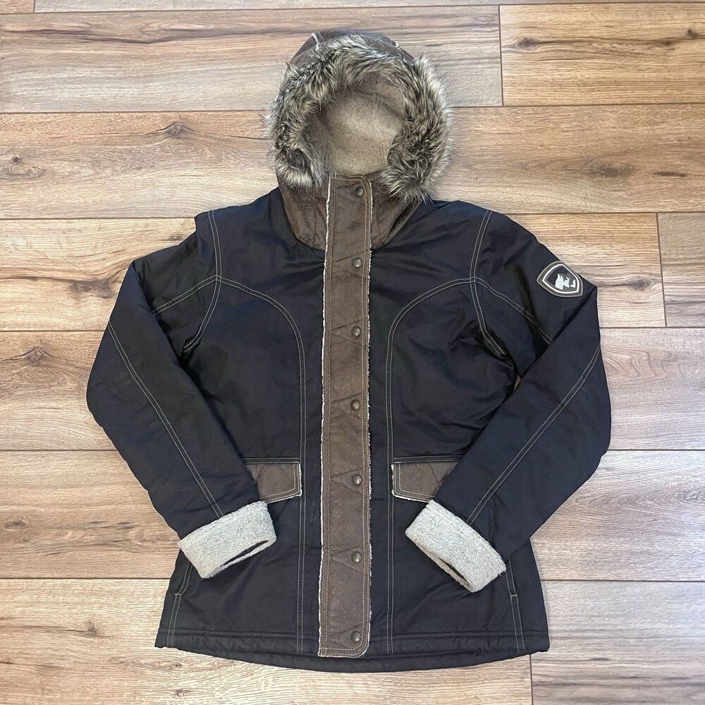 Kuhl Arktik Projekt Parka Jacket Black Faux Fur Hood Sherpa Lined Canvas Sz S